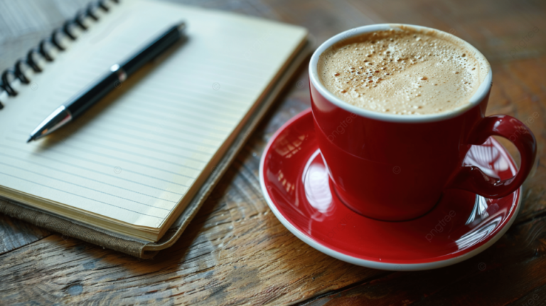 Une tasse de café et un bloc note avec stylo sur une table en bois